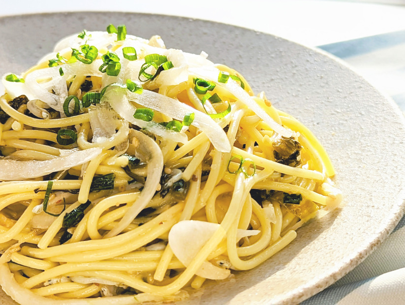 熊本県産サラたまちゃんとしらすの高菜明太パスタ