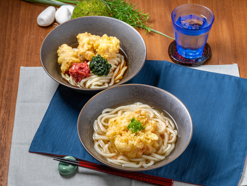 「梅と青海苔の鶏天ぶっかけうどん」と「海老かき揚げのガーリックうどん」