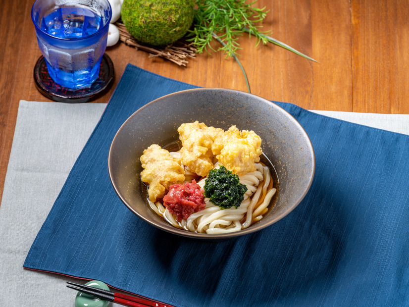 梅と青海苔の鶏天ぶっかけうどん