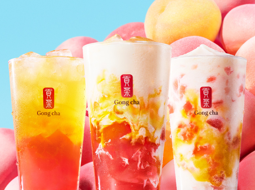 「ぎゅぎゅっとピーチ ミルクティー(ICED)」「ぎゅぎゅっとピーチ フローズンティー」「ぎゅぎゅっと ピーチ ティーエード(ICED)」