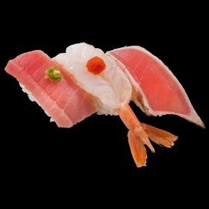 冬のこだわり三昧／3貫490円愛媛県産本鮪中とろ、特大赤えび、炙りまぐろ