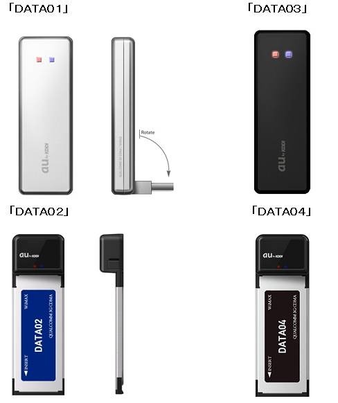 WiMAX方式とCDMA方式の両エリアで利用可能なWINデータ通信端末（DATA01、DATA02、DATA03、DATA04）