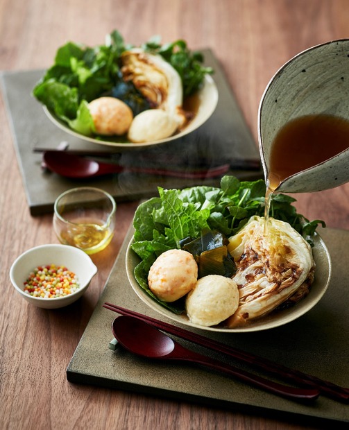 貝だしで仕上げる 春野菜と二種しんじょうのさらだ椀