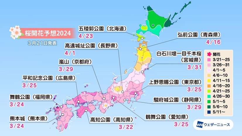 ウェザーニューズ、今週末から桜開花スタート！トップは高知で3月22日、東京は24日予想