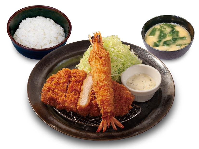 国産雪国育ちロースかつ＆有頭大海老フライ定食（1 尾） 1,460 円（税込み）