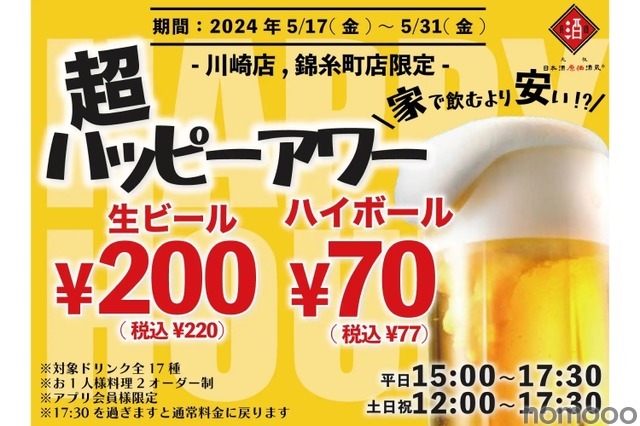 【激安】ビール200円にお茶割り30円だと！？「超ハッピーアワー」が気になる