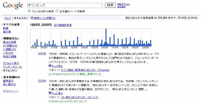 「タイムライン」では年表および検索結果が時系列順に表示される