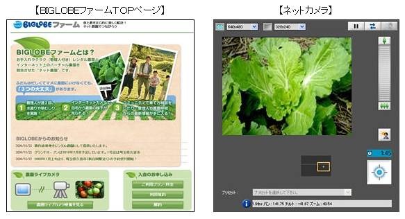 BIGLOBEファームTOPページとネットカメラページ