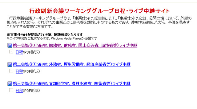 行政刷新会議ワーキンググループ日程・ライブ中継サイト