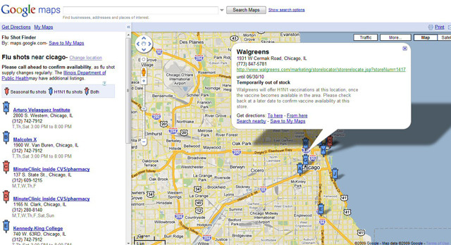 　米Googleは10日（現地時間）、H1N1を含むインフルエンザワクチンの在庫状況などを確認できる機能をGoogle Mapsに追加したと発表した。