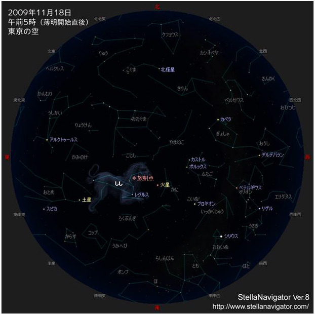 18日午前5時の東京の空 AstroArts「2009年しし座流星群」特集より