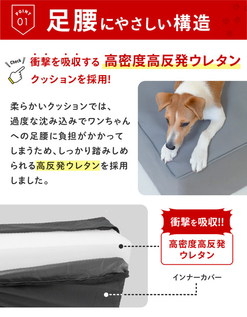 腰にやさしい構造：衝撃を吸収する高密度高反発ウレタンクッションを採用。