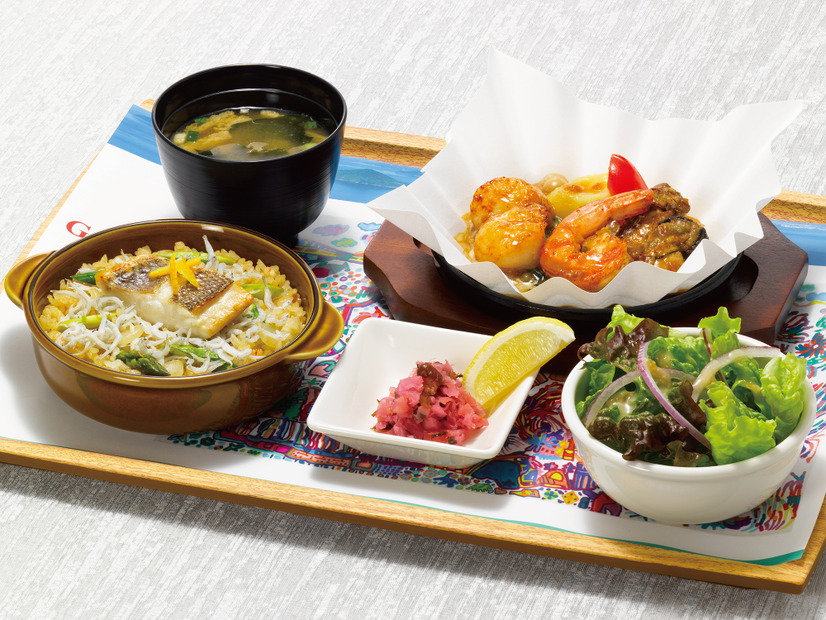 柚子香る鯛めし風ピラフ&牡蠣と帆立のあつあつグリル(サラダ・味噌汁・漬物付)　3,180円(税込3,498円)