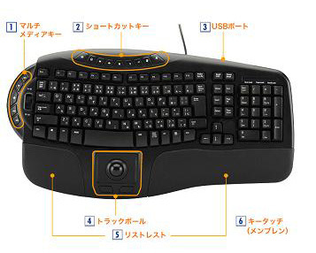 「トラックボール付きキーボード（エルゴノミクススタイル） 400-SKB006」