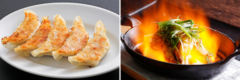 左：ヴィーガン　焼き餃子　380円(税込418円)　右：ヴィーガン　燃えるネギ餃子　690円(税込759円)