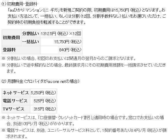 「auひかり マンションミニ ギガ」提供料金