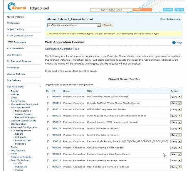 Akamai Web Application Firewallサービスの設定画面