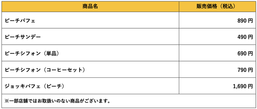 「ピーチデザート」価格表