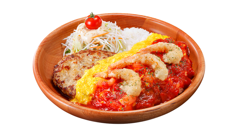 角切りトマトとシュリンプのオムバーグディッシュ
