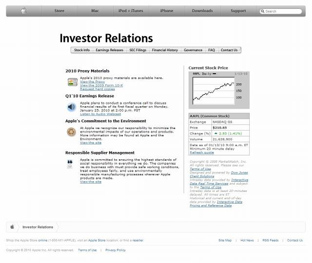 AppleのInvestor Relationsページ（画像）