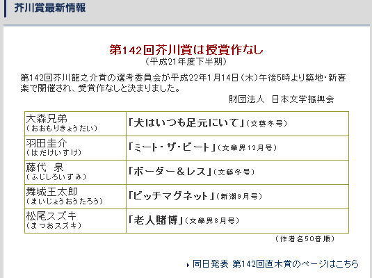 文藝春秋ホームページ　芥川賞最新情報