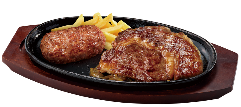 ブロンコおじさんのこだわり炭焼きがんこハンバーグ&炭焼き国産リブロースステーキ価格：300g　3,180円（税込3,498円）