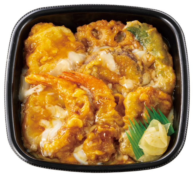 エビ2尾/イカ/カレイ/野菜3種  海鮮天とじ丼　730円