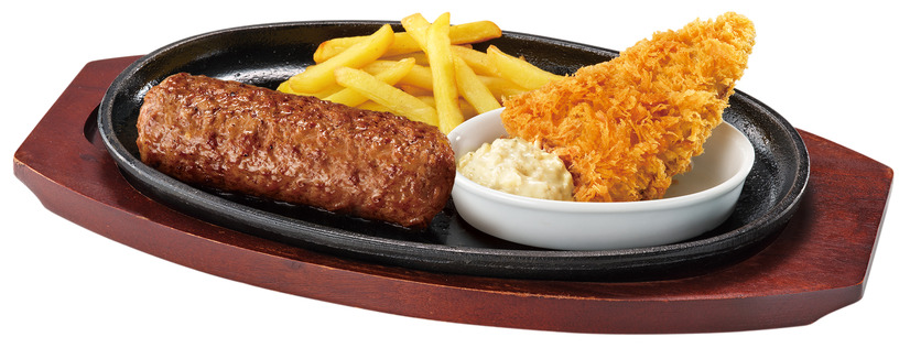 ブロンコおじさんのこだわり炭焼きがんこハンバーグ＆肉厚とろあじフライ＜ディナー＞単品価格：1,370円（税込 1,507円）