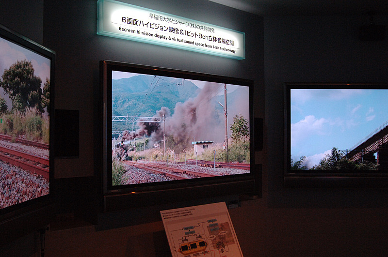 早稲田大学との共同研究による高臨場空間システム。65V型の液晶テレビを360度に6台並べる