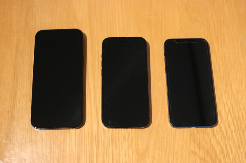 （左から）iPhone 16 Pro Max（ファストレーン適用）、iPhone 14 Pro （ファストレーン適用） 、iPhone 12（ファストレーン非適用） 【撮影／平木昌宏】