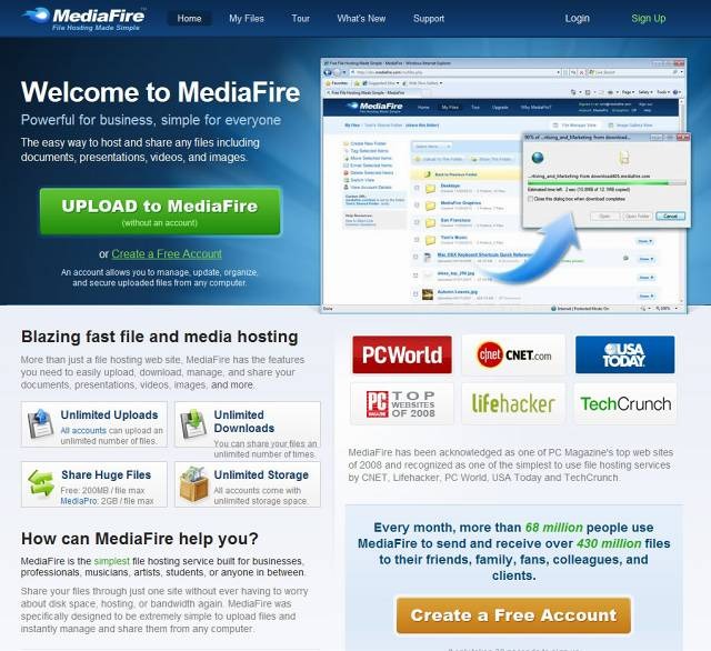 海外ストレージサイト「MediaFire」（画像）ではデータのダウンロード・アップロードが可能