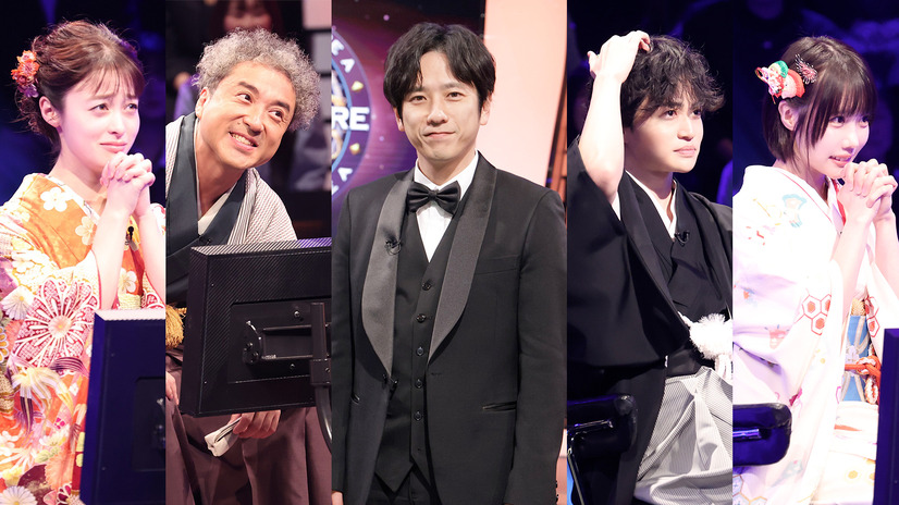 左から）橋本環奈、ムロツヨシ、二宮和也、菊池風磨、あの『クイズ＄ミリオネア』（C）フジテレビ