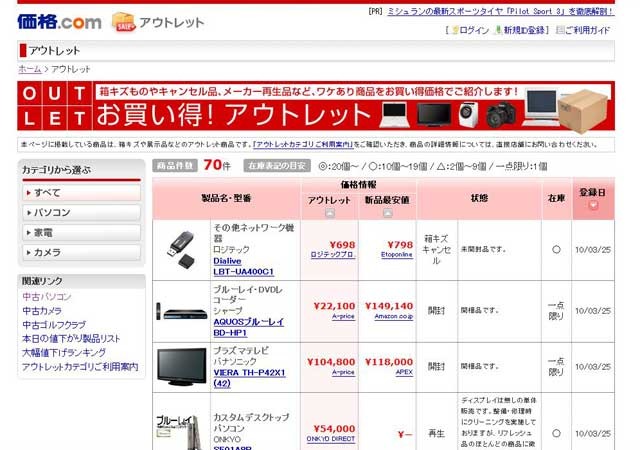 アウトレットカテゴリのトップページ