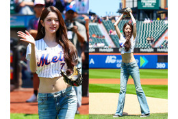 “ヘソ出し”ユニフォームで視線独占！IVE・ウォニョン、MLB始球式に登場　華麗な投球に歓声 画像