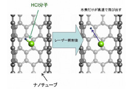 NEC、「地球シミュレータ」上の高速計算を用いてカーボンナノチューブ内の光化学反応を予測 画像