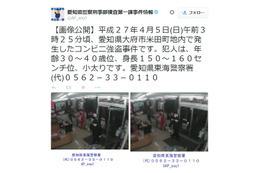 愛知県警、大府市で発生したコンビニ強盗事件の容疑者画像をツイッターで公開 画像