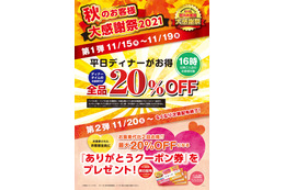 ブロンコビリーが「秋のお客様大感謝祭2021」!ディナータイム全品20%OFFも 画像