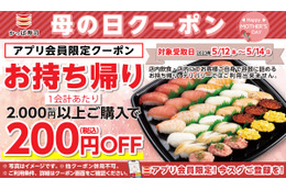 かっぱ寿司、5月12日~14日まで母の日クーポンを配信!持ち帰り商品が200円オフに 画像