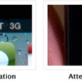 iPhone 4を「電波を弱める形で」持った際、電波が3本（左画像）から1本（右画像）に減少