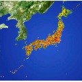 12時現在の気温アメダス。関東や東海で35度以上を示す赤い点が見える