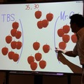 【EDIX】電子黒板による実践的英語授業…暁星小学校 参加者と岡沢氏がりんごとりゲームで対戦。なお「TBS」はTokyo Big Sight」で参加者側のこと