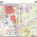 「いつもNAVI（web）」街歩き地図は、コンビニ・ファーストフードなど街中のランドマークを強調して表示。