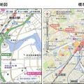 「いつもNAVI（web）」街歩き地図は、地図の下地色を白にすることで、モノクロ印刷でも見やすく表示。