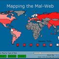 SiteAdvisorの画面表示。危険度を色分けし、地図の拡大・縮小もできる。ドメイン名での集計なので、その国のサイトが直ちに危険ということではない