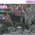 デモンストレーションで使用する離発着ポイント、定点旋回エリア および 地上局位置（東北大学）