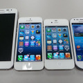 右から、GALAXY S III mini、iPhone 4S、iPhone 5、GALAXY Note。目的に応じて理想的なサイズもさまざまであろう。日常的にコミュニケーション機能主体に使うなら右の2モデルが理想的では。