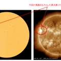 人工衛星SDO（NASA）で観測された太陽画像（左：可視光、右：紫外線）