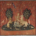 タピスリー《貴婦人と一角獣「視覚」》 （部分）1500年頃　羊毛、絹フランス国立クリュニー中世美術館所蔵