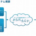 ヘルスケアオフィスシステムの概要。データを蓄積するために、タニタの健康応援ネット「からだカルテ」を利用。集計データはヘルスケアスポットのサイネージに表示される仕組み