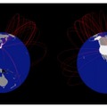 「XPIA」による脆弱性分布の表示例（左：日本側から、右：米国側から、共通する素数が共有されて危険な状態になっているSSLサーバ間が、赤い線で結ばれている）
